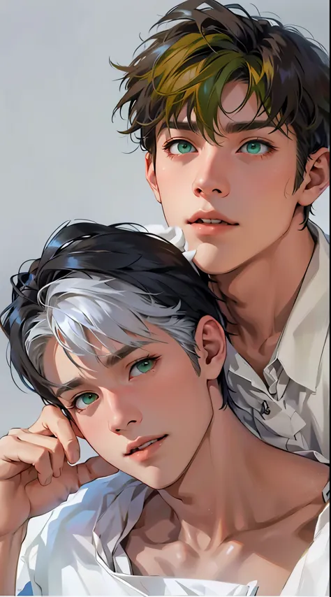 They are talking. They open their mouths. There are two cute 16-year-old boys. They are a couple. They are a couple. White hair....