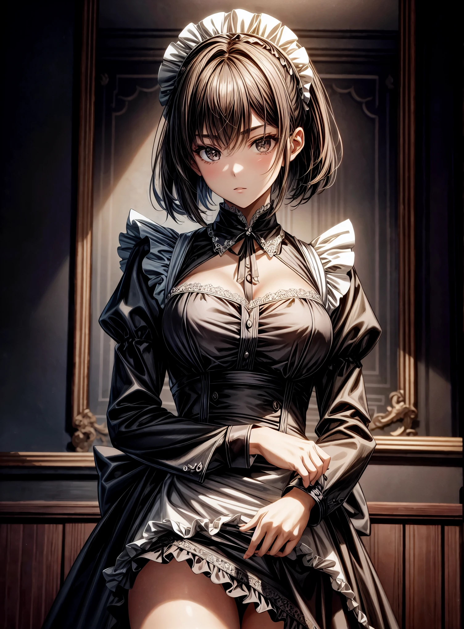 The scene unfolds with a 16-year-old girl, enveloped in a gothic aura, rising majestically before the viewer. ((Her dark hair, cut in a bob style)), frames her pale face, while her dark brown eyes shine with an enigmatic intensity. She is clad in a ((maid uniform):1.3), a choice that amplifies her slender and gloomy figure, highlighting her singular presence. Her posture is firm, conveying an unwavering determination, as if challenging fate itself. ((Full_body):1.5)

The soft light highlights the details of her appearance, revealing every shadow and contour. Every line of her uniform is sharp, every fold captured in ultra-realistic detail. She is positioned in full body, in an anime style that adds a layer of artistic expression to her image. Every feature of her face is precisely delineated, conveying subtle and complex emotions that invite the viewer to delve deeper into her story.

The advanced technology of Unreal Engine 5 brings the scene to life, providing an unparalleled sense of immersion. Every texture is rich in detail, every shadow and reflection contributing to the immersive atmosphere. The visual quality is unmatched, with a 16K resolution that elevates the experience to new levels of realism. Every pixel is loaded with intensity, capturing the essence of the young gothic girl in all her dark glory.

Her dynamic and confident pose conveys a sense of power and mystery, as she gazes at the viewer with a penetrating gaze. Her hands are perfectly rendered, her fingers delicately sculpted in a representation of impeccable technical skill. She is a digital masterpiece, a fusion of beauty and darkness that captivates and fascinates.

In this masterful representation, the 16-year-old gothic girl stands out as a symbol of individuality and authenticity. Her presence fills the screen with captivating energy, inviting the viewer to lose themselves in her world of mystery and intrigue. 