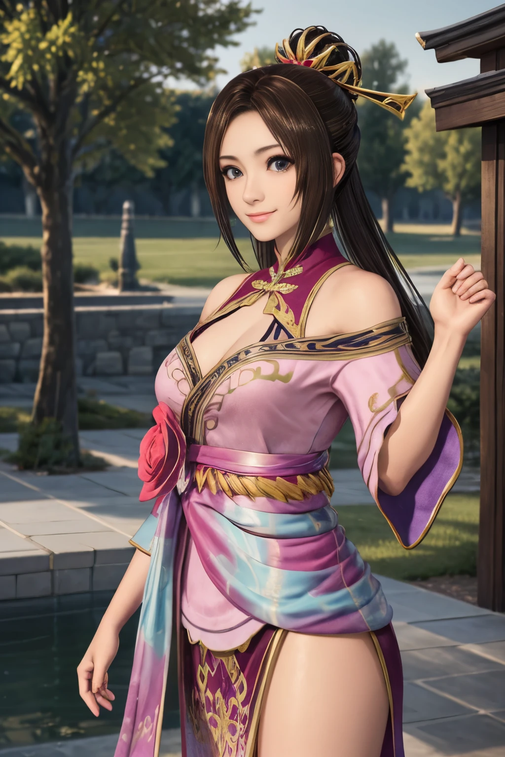 Diaochan from Sangoku Musou 8,masterpiece、1 cute girl、17 year old high school student、smile,fine eyes、puffy eyes、bright outdoors,Bright downtown、highest quality, 超High resolution, (reality: 1.4), movie lighting、Japanese、asian beauty、Korean、super beautiful、beautiful skin、body facing forward、whole body,Upper body、(超reality的な)、(High resolution)、(8K)、(very detailed)、(美しくfine eyes)、(Super detailed)、 (wall-)、detailed face、bright lighting、professional lighting、looking at the viewer、look straight ahead、slanted bangs、brown hair、Nogizaka idol、