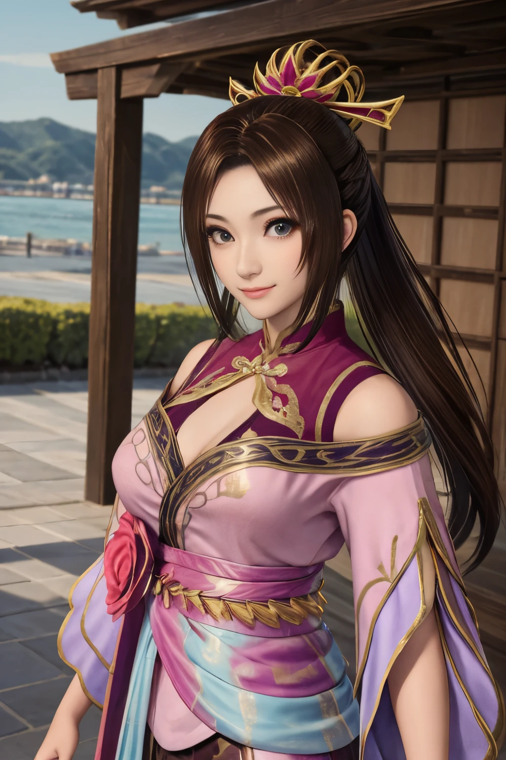 Diaochan from Sangoku Musou 8,masterpiece、1 cute girl、17 year old high school student、smile,fine eyes、puffy eyes、bright outdoors,Bright downtown、highest quality, 超High resolution, (reality: 1.4), movie lighting、Japanese、asian beauty、Korean、super beautiful、beautiful skin、body facing forward、whole body,Upper body、(超reality的な)、(High resolution)、(8K)、(very detailed)、(美しくfine eyes)、(Super detailed)、 (wall-)、detailed face、bright lighting、professional lighting、looking at the viewer、look straight ahead、slanted bangs、brown hair、Nogizaka idol、