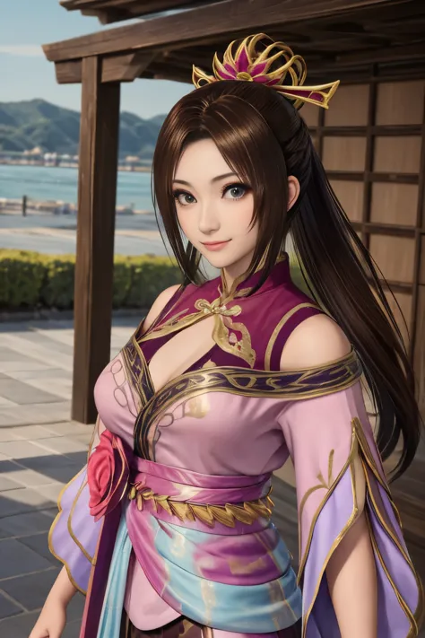 Diaochan from Sangoku Musou 8,masterpiece、1 cute girl、17 year old high school student、smile,fine eyes、puffy eyes、bright outdoors...