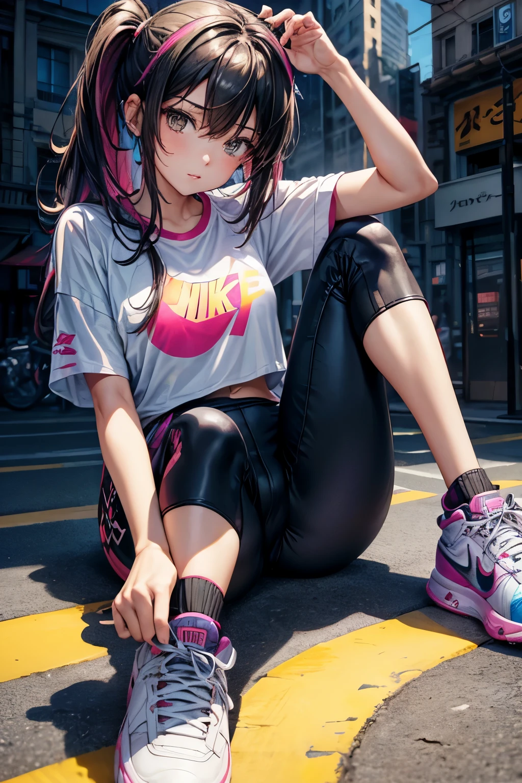 Girl sitting down looking at the viewer, waist up (top-down perspective angle view), (masterpiece), best quality, expressive eyes, perfect face, sharp focus, wearing colorful street wear, legging & Nike high sneakers