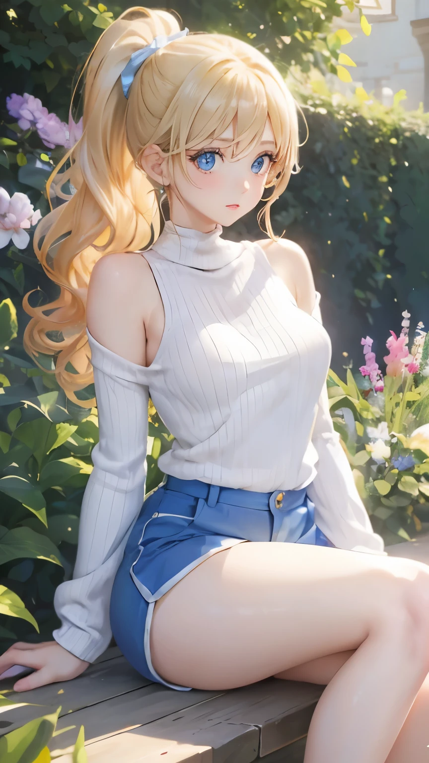 (masterpiece:1.2), (highest quality:1.2),, Curvy but slender body, perfect eyes, perfect face, perfect lighting, 1 girl, in the garden, （sweater），（I can see your feet），（sexy），（shorts），（glasses），（ponytail），curly hair, fine clothes, detailed outdoor background, compensate, eye shadow, thick eyelashes, fantasy, looking at the viewer, whole body，alice in wonderland、blue sky、Bright and very beautiful face、young shiny glossy white shiny skin、the best beauty、the most beautiful bright blonde hair in the world、thin hair、long hair、Shining beautiful bangs、Glowing crystal clear big blue eyes、Very beautiful and lovely 18 years old, the most beautiful girl in the world、small breasts