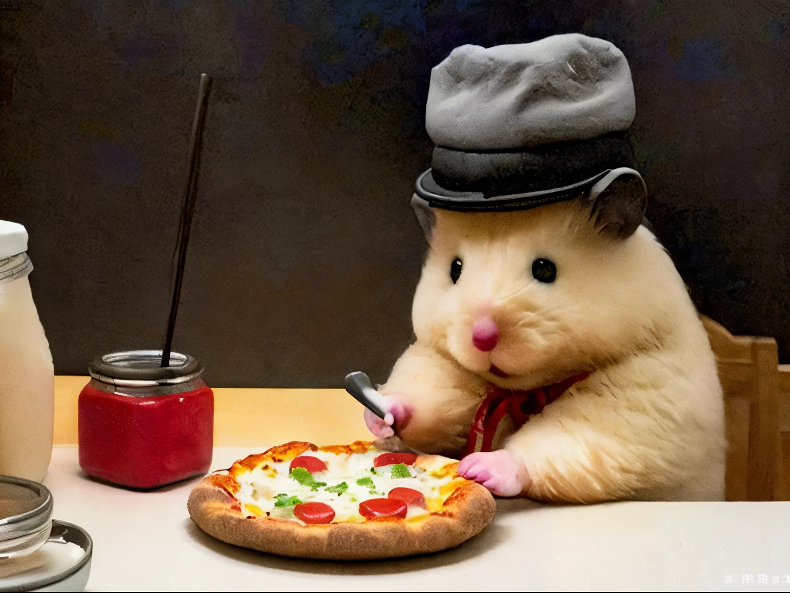 (masterpiece, highest quality, super detailed, very delicate and beautiful, High resolution, Super detailed background), 1 hamster, alone, bake pizza, boss has, perfect anatomy