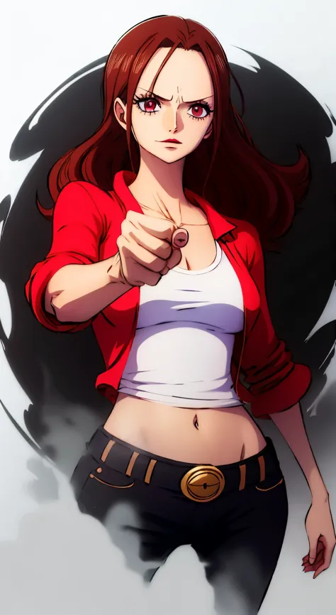 high quality one piece Anime style, full body shot, Detailed illustration of a beautiful woman, light brown long wild hair tied with a RED forehead band, calm eyes, black eyeliner, smokey eyes makeup, black pants, red shirt with no sleeves, full body shot,...