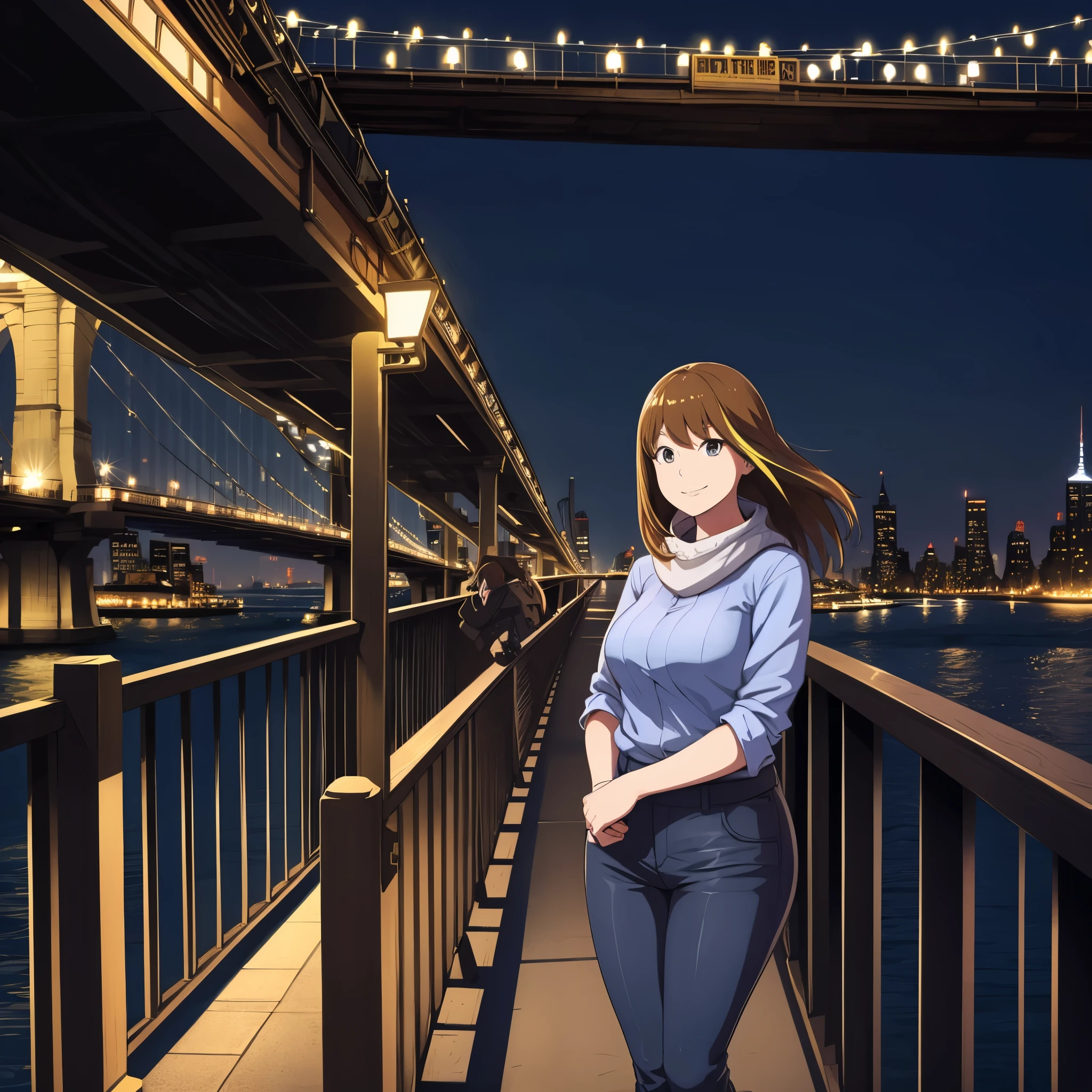 a smiling woman in new york, near a bridge, casual clothes, at night.
