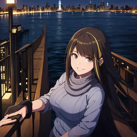 a smiling woman in new york, near a bridge, casual clothes, at night.