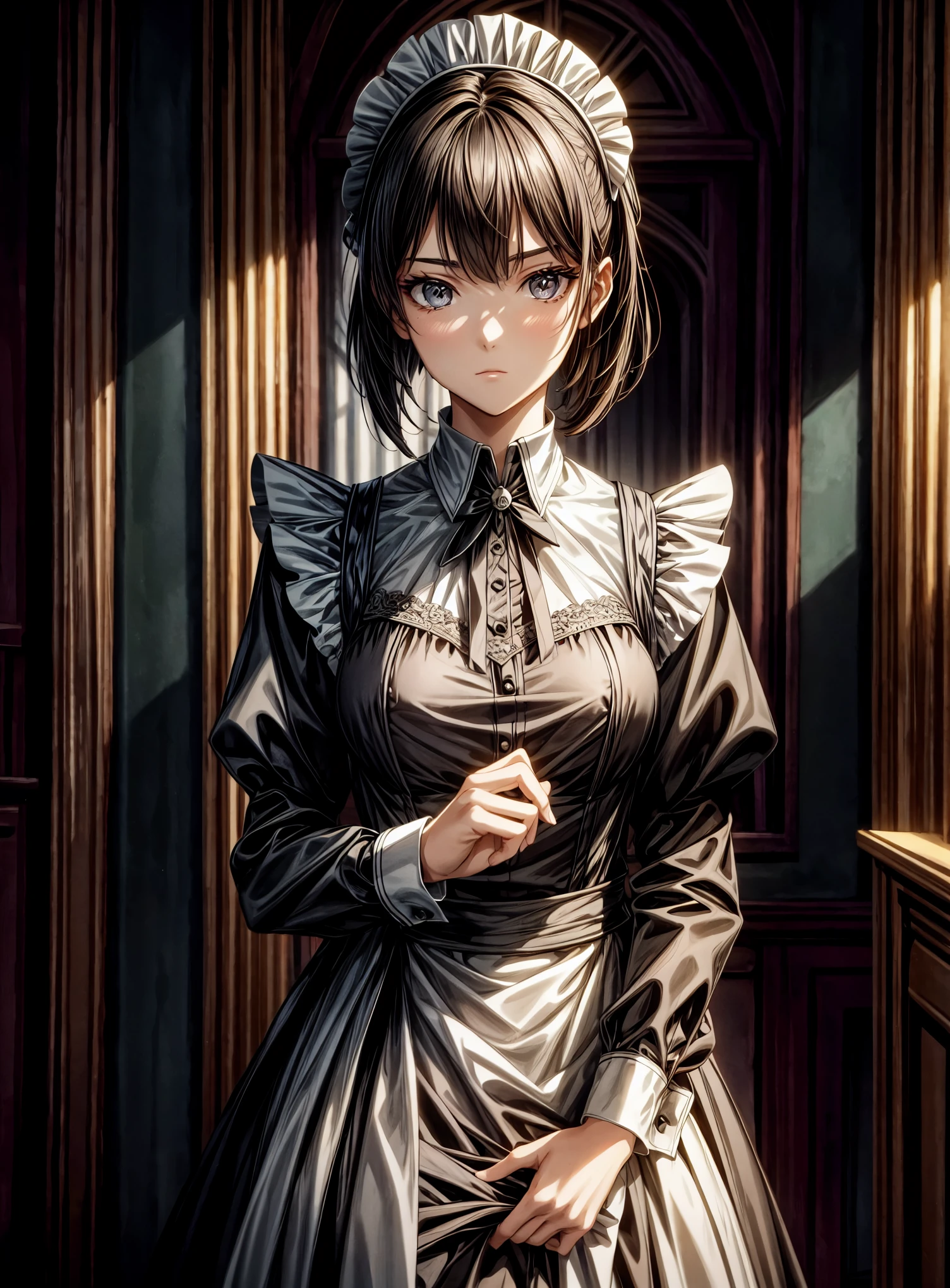 The scene unfolds with a 16-year-old girl, enveloped in a gothic aura, rising majestically before the viewer. ((Her dark hair, cut in a bob style)), frames her pale face, while her dark brown eyes shine with an enigmatic intensity. She is clad in a ((maid uniform):1.3), a choice that amplifies her slender and gloomy figure, highlighting her singular presence. Her posture is firm, conveying an unwavering determination, as if challenging fate itself. ((Full_body):1.5)

The soft light highlights the details of her appearance, revealing every shadow and contour. Every line of her uniform is sharp, every fold captured in ultra-realistic detail. She is positioned in full body, in an anime style that adds a layer of artistic expression to her image. Every feature of her face is precisely delineated, conveying subtle and complex emotions that invite the viewer to delve deeper into her story.

The advanced technology of Unreal Engine 5 brings the scene to life, providing an unparalleled sense of immersion. Every texture is rich in detail, every shadow and reflection contributing to the immersive atmosphere. The visual quality is unmatched, with a 16K resolution that elevates the experience to new levels of realism. Every pixel is loaded with intensity, capturing the essence of the young gothic girl in all her dark glory.

Her dynamic and confident pose conveys a sense of power and mystery, as she gazes at the viewer with a penetrating gaze. Her hands are perfectly rendered, her fingers delicately sculpted in a representation of impeccable technical skill. She is a digital masterpiece, a fusion of beauty and darkness that captivates and fascinates.

In this masterful representation, the 16-year-old gothic girl stands out as a symbol of individuality and authenticity. Her presence fills the screen with captivating energy, inviting the viewer to lose themselves in her world of mystery and intrigue. 