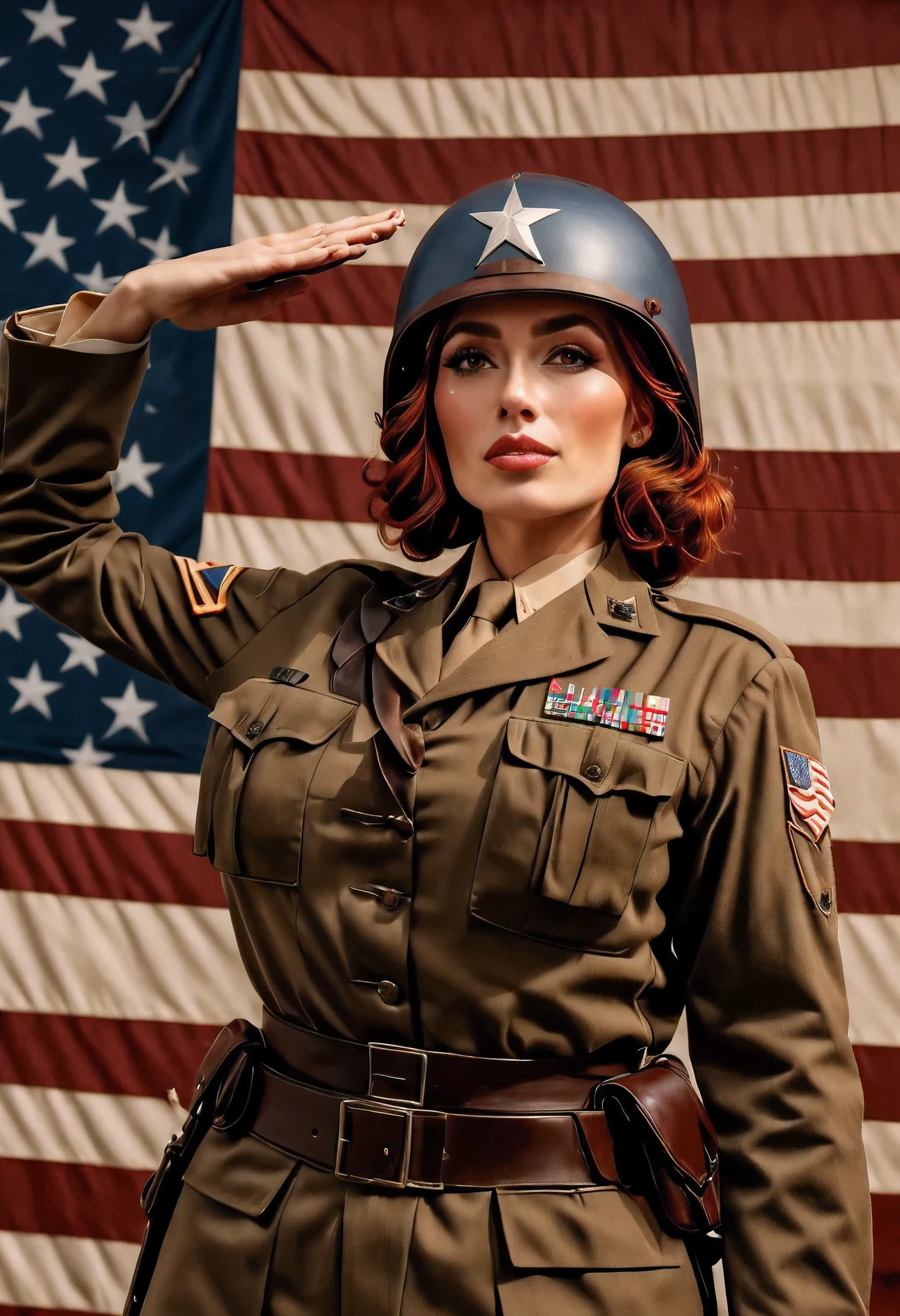 (photorealistis), (long shot), (camera on the eye-level)a beautiful Scottish woman standing on a stage with a gigantic american flag behind her, wearing a USA army general's uniform (film Patton opening scene:1.5), helmet with three stars on it, (military salute), she has (brownish-red hair) light skin and freckles, (black eyebrows:0.8), and high cheekbones, (brown eyes), (downturned eyes), voluptuous, massive breasts, (serious look:0.8). (best quality, 4K, 8k, high resolution,masterpiece:1.2), Super detailed,(actual, photoactual, photo-actual:1.37).
