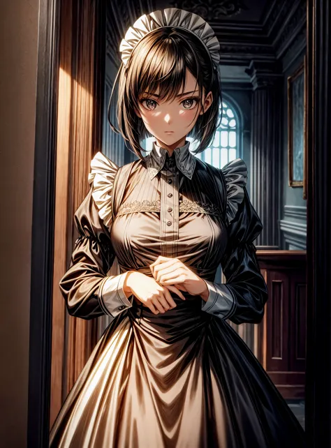 The scene unfolds with a 16-year-old girl, enveloped in a gothic aura, rising majestically before the viewer. ((Her dark hair, cut in a bob style)), frames her pale face, while her dark brown eyes shine with an enigmatic intensity. She is clad in a ((maid ...