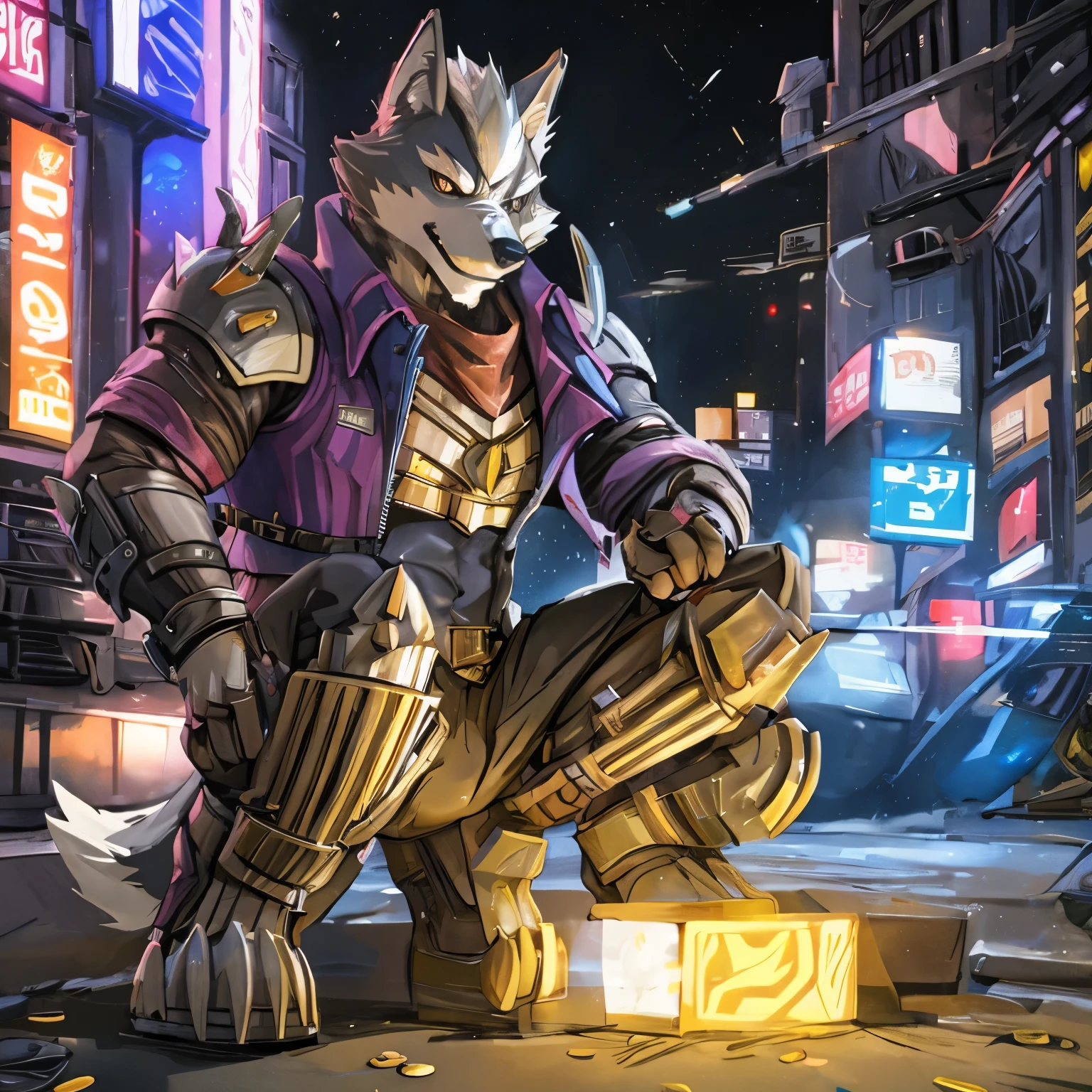 Wolf O'donnell looking to the right pointing his gun in a cyberpunk city, concept art with Wolf O'donnell facing the X axis looking at a coin in the ground