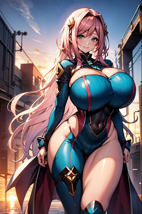 Pyra long pink hair smiling huge breasts curvy thick thighs wearing blue suit on bride sunset high quality masterpiece 