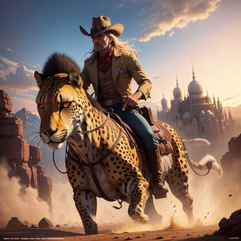 there was a man riding a cheetah on his back with a hat on. beeple and jean giraud drawing style of james gurney, jean-sebastian...