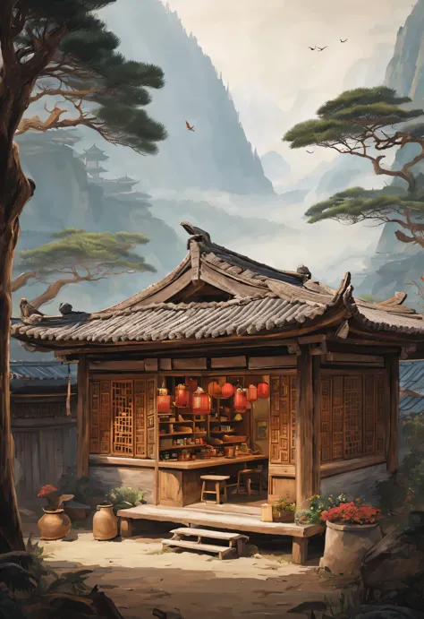 （A small shop in a wooden house in a small courtyard in rural China），The cafeteria is an old wooden house，There are three words ...