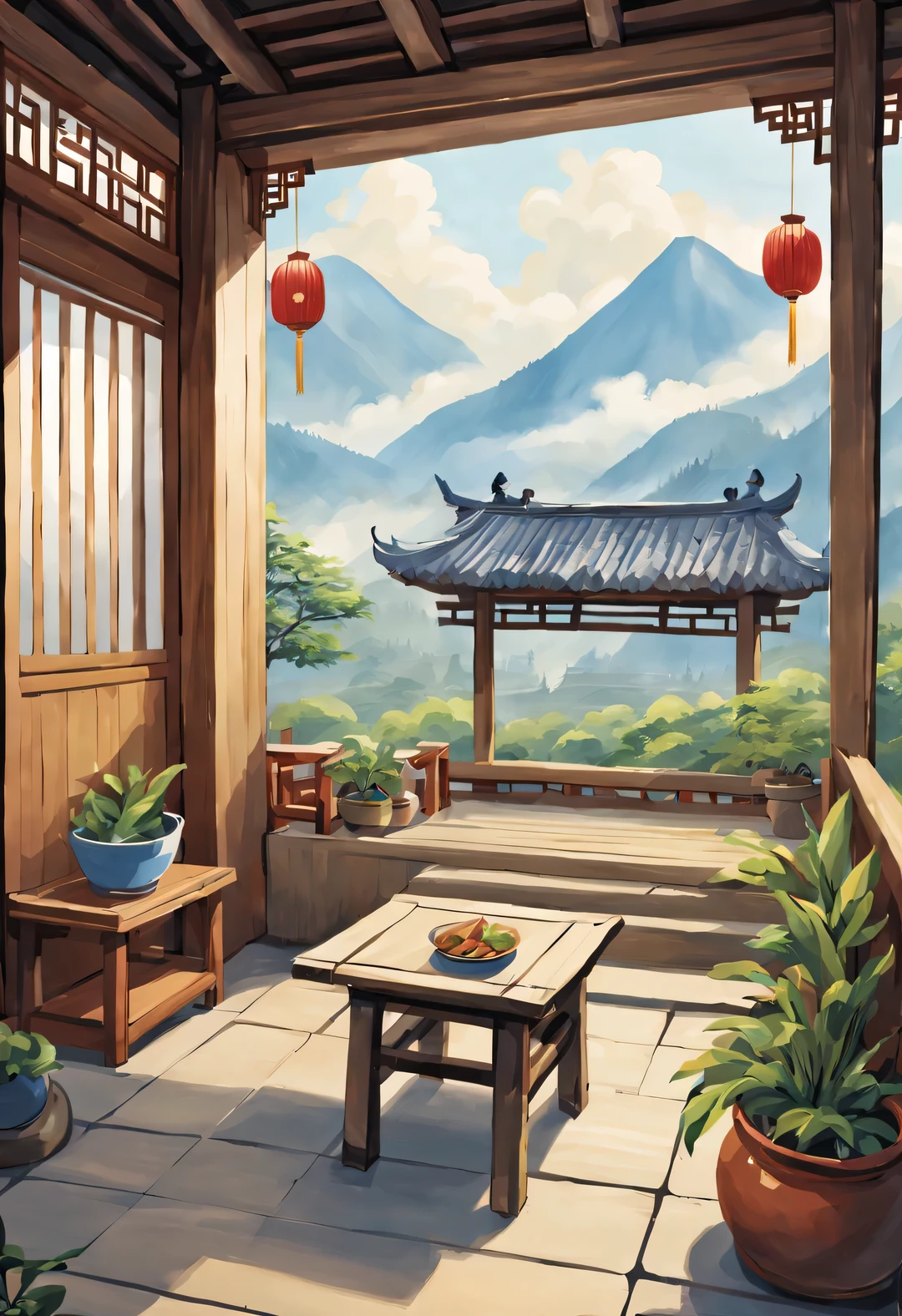 （A small courtyard with a canteen in rural China：0.8），The cafeteria is an old wooden house，There are three words written on the door of the house &Quote;commissary&Quote; It says.，There is an old-fashioned Chinese chair outside the house，An old Chinese woman Wang Yumei sits on a chair，smiling，There are wooden shelves in the house，It’s stuffed with all kinds of snacks，The main materials of the wooden house are Yunnan pine and bamboo，Beautiful pine wood texture，Lightweight texture，Make the cabin more than just practical，And it has high ornamental value，Timber frame construction，The roof adopts a pitched roof design，Adapt to Yunnan’s rainy climate，The background is the mountains of Yunnan，shrouded in mist，aerial photography，illustration，fresh，peaceful，Chinese New Year festive atmosphere