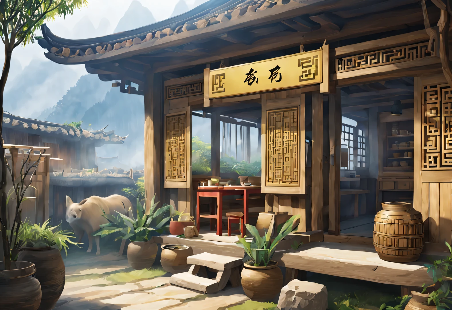 （A small courtyard with a canteen in rural China：0.8），The cafeteria is an old wooden house，There are three words written on the door of the house &Quote;commissary&Quote; It says.，There is an old-fashioned Chinese chair outside the house，（An old Chinese woman Wang Yumei sits on a chair），smiling，There are wooden shelves in the house，It’s stuffed with all kinds of snacks，The main materials of the wooden house are Yunnan pine and bamboo，Beautiful pine wood texture，Lightweight texture，Make the cabin more than just practical，And it has high ornamental value，Timber frame construction，The roof adopts a pitched roof design，Adapt to Yunnan’s rainy climate，The background is the mountains of Yunnan，shrouded in mist，aerial photography，illustration，fresh，peaceful，Chinese New Year festive atmosphere