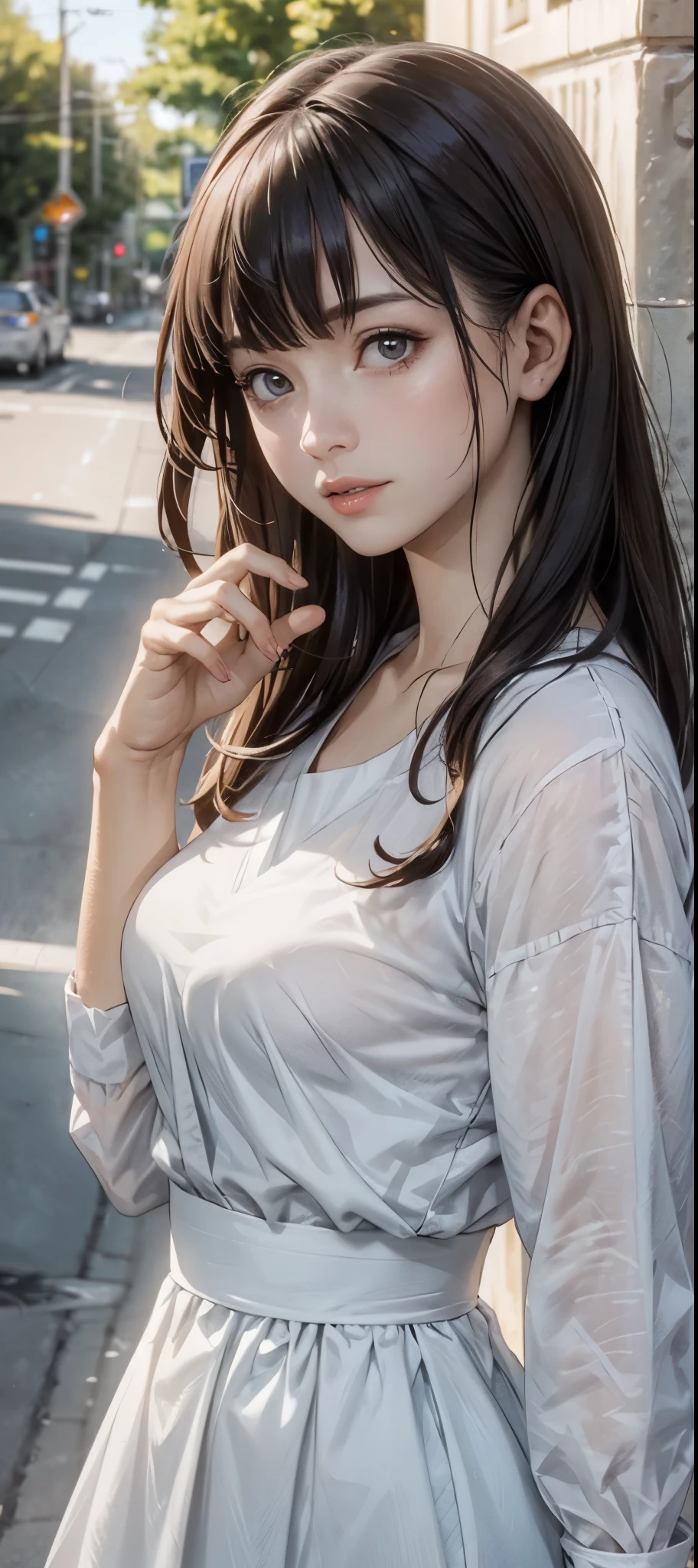 girl in summer clothes, white blouse, light blue shorts, pantyhose or long stockings, making like she wants to kiss you, view from viewer, medium breasts, cleavage, random backgroud, flirtatious look, ((very detailed)), (perfectly detailed face), (well detailed hand) photorealistic image.