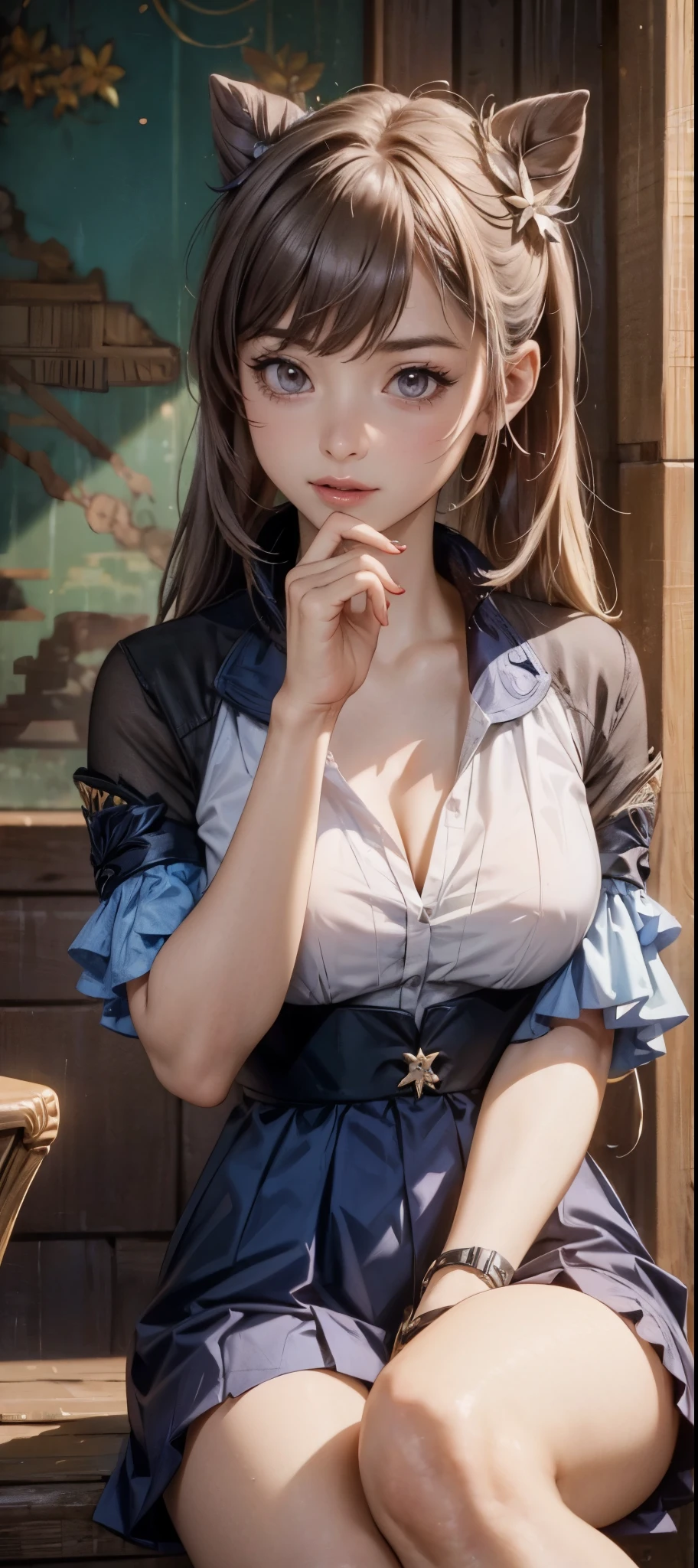 girl in summer clothes, white blouse, light blue shorts, pantyhose or long stockings, making like she wants to kiss you, view from viewer, medium breasts, cleavage, random backgroud, flirtatious look, ((very detailed)), (perfectly detailed face), (well detailed hand) photorealistic image.