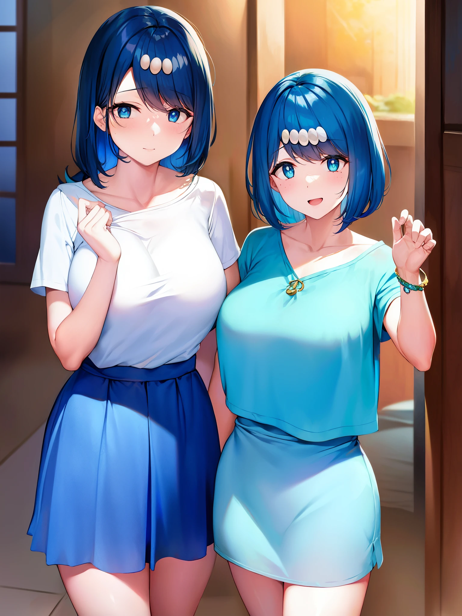 Dos chicas anime con vestidos azules paradas una al lado de la otra -  SeaArt AI