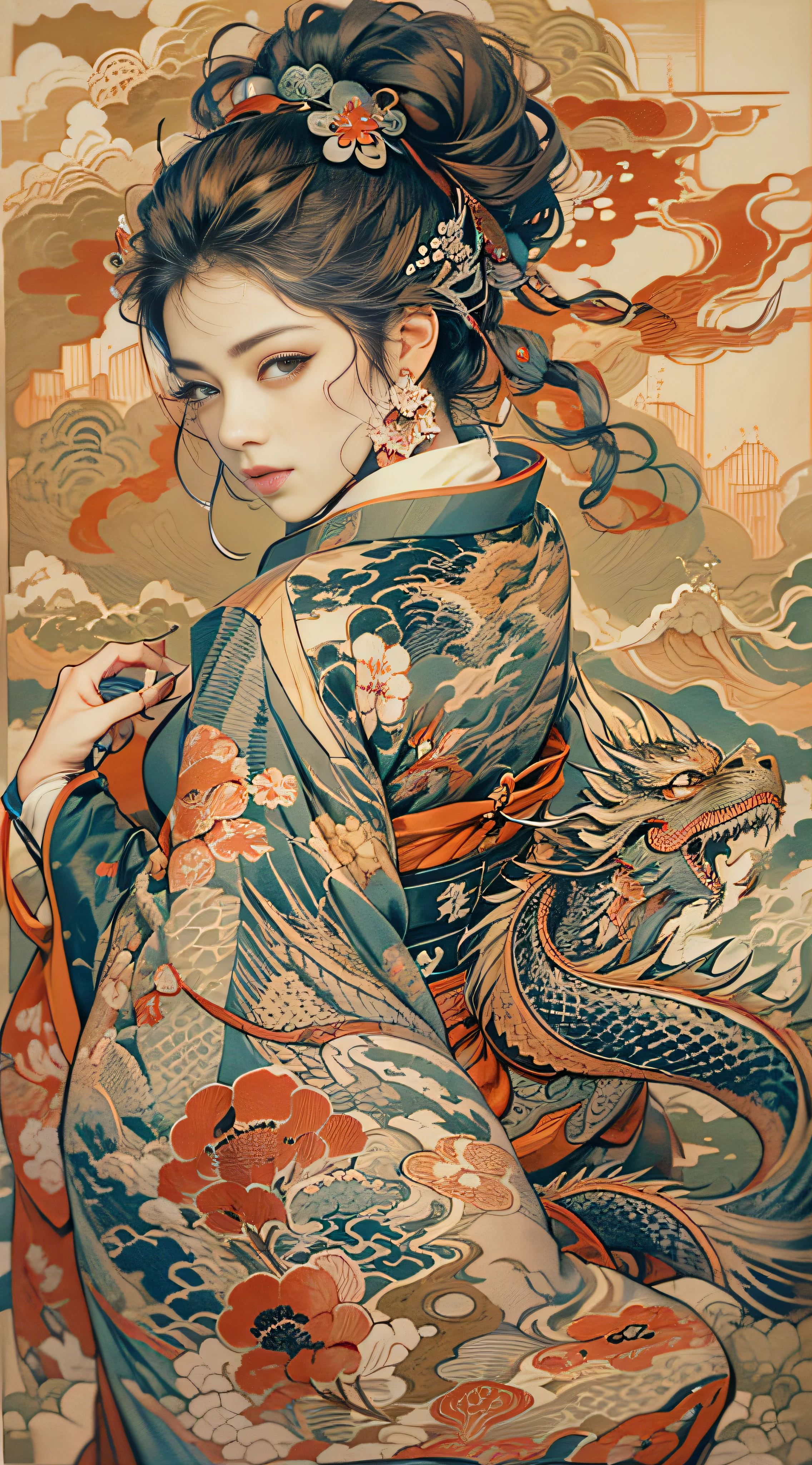 (Best quality,A high resolution,ultra - detailed,actual:1.3 likes, Japanese young lady’s back view，30-40 years old，Japan kimono，tattoo all over body，There is a dragon tattooed on the whole back，dragon head tattoo on back，dragon professional,Impressionistic style,vibrant with colors,Warm color palette,natural  lightting,Close-up cleavage,detailedfacialfeatures, Delicate brushstrokes, expressive brush strokes, subtle texture, with a calm expression, traditional painting, beautidful eyes, beautiful detailed lips, Gentle gaze, brunette，floated hair, Japan kimono，Classic background