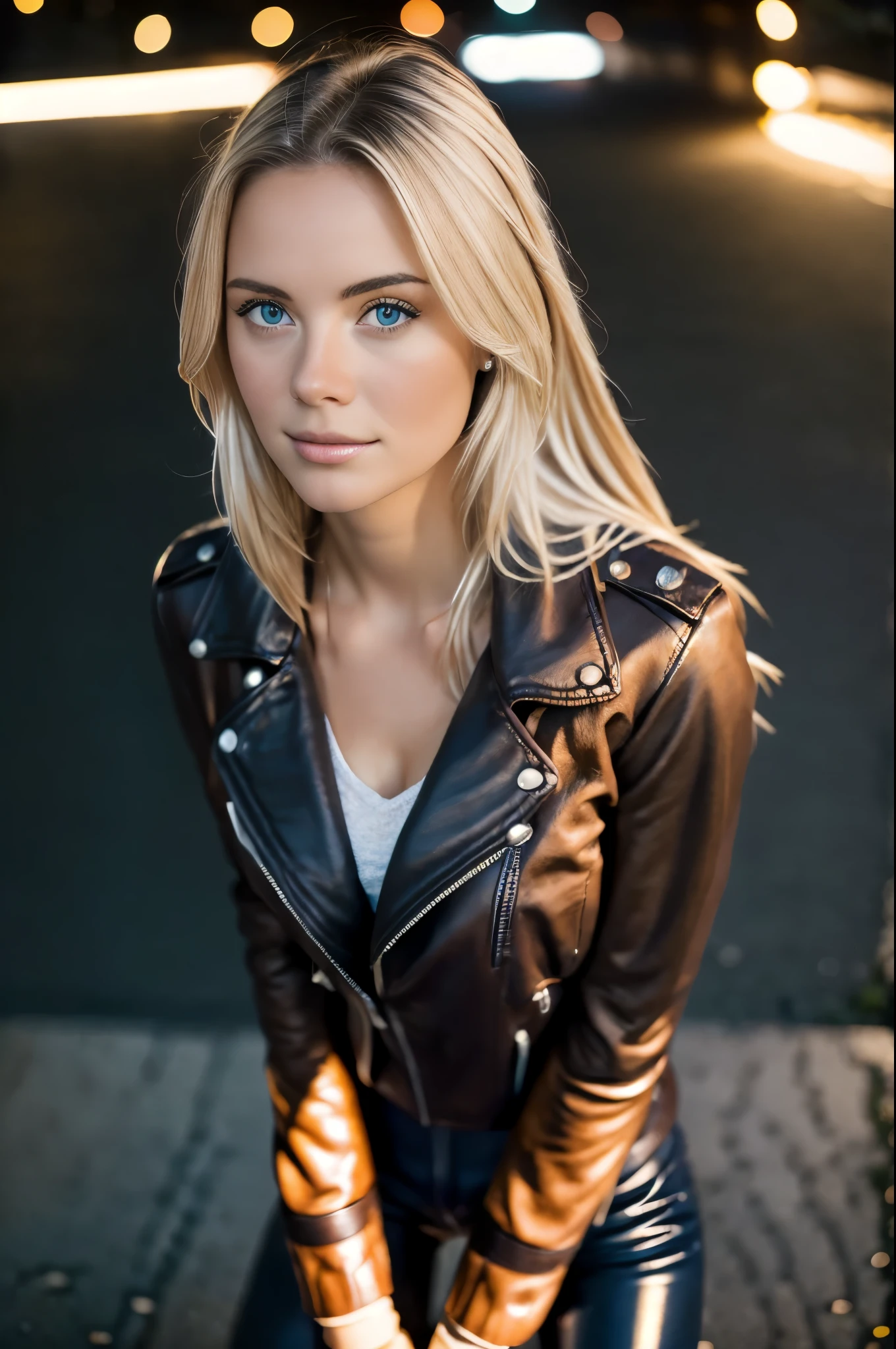 summer77, beautiful blonde 23yo girl, solo, sitting on a motorcycle, leather pants, leather jacket, side view, urban, recover face details, realistic skin texture, photography, snapshot,