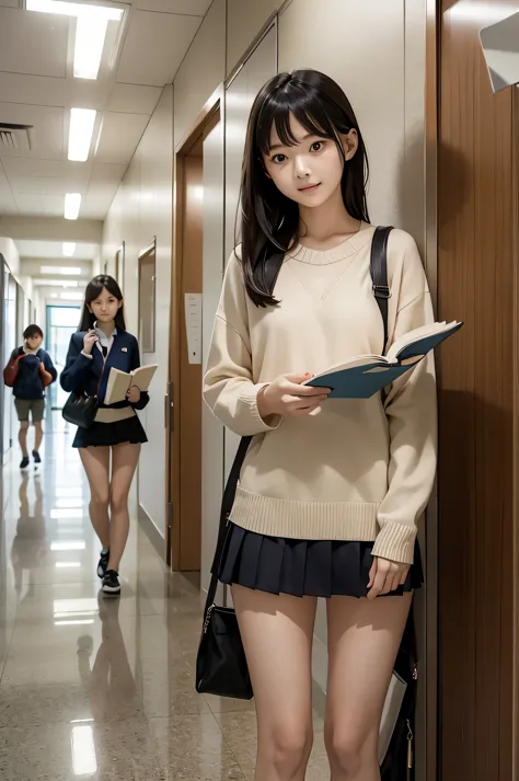 Wear a super mini skirt、I am a 20 year old female college student.、Holding a large amount of books in both hands in a university...
