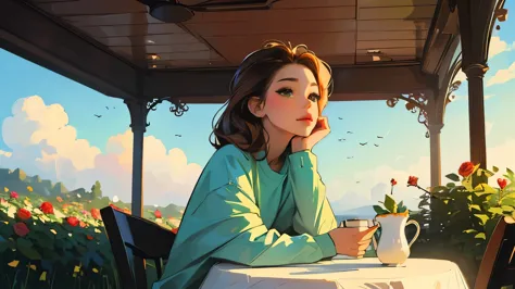 ((masterpiece)),(((bestquality))),((ultra-detailed)) realisticlying, 1 girl, Beautiful,  enjoying, coffee and roses at the table...