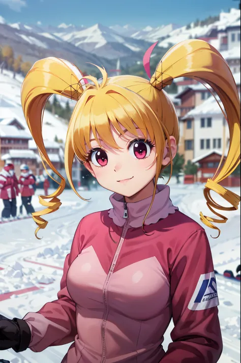 masterpiece, highest quality, high resolution, hmbk1, 1 girl, twin tails, drill hair, blonde, long hair, pink eyes, (ski wear:1....