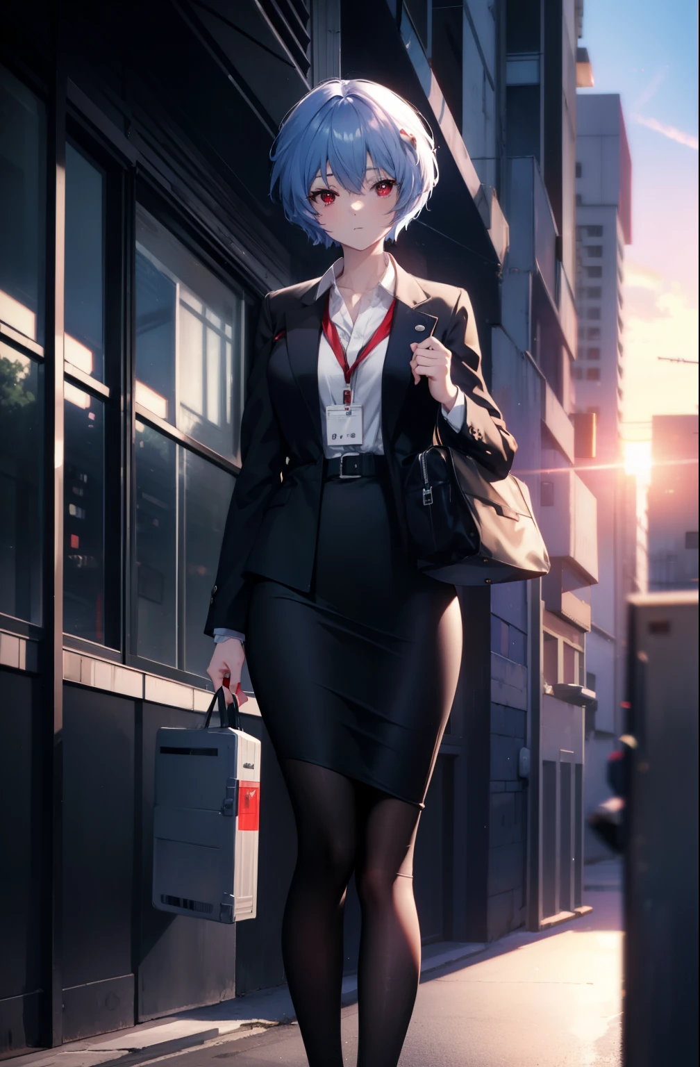 reiayanami, rei ayanami, blue hair, short hair, (red eyes:1.5),blush,OL, end, black suit jacket, collared jacket, white dress shirt, collared shirt, neckline, button, strap, ID card on neck, black pencil skirt, black pantyhose,stiletto heels,business bag,evening,sunset,whole body,look away,embarrassing,blush,
break outdoors, city,Destroy the building area (masterpiece:1.2), highest quality, High resolution, unity 8k wallpaper, (figure:0.8), (detailed and beautiful eyes:1.6), highly detailed face, perfect lighting, Very detailed CG, (perfect hands, perfect anatomy),