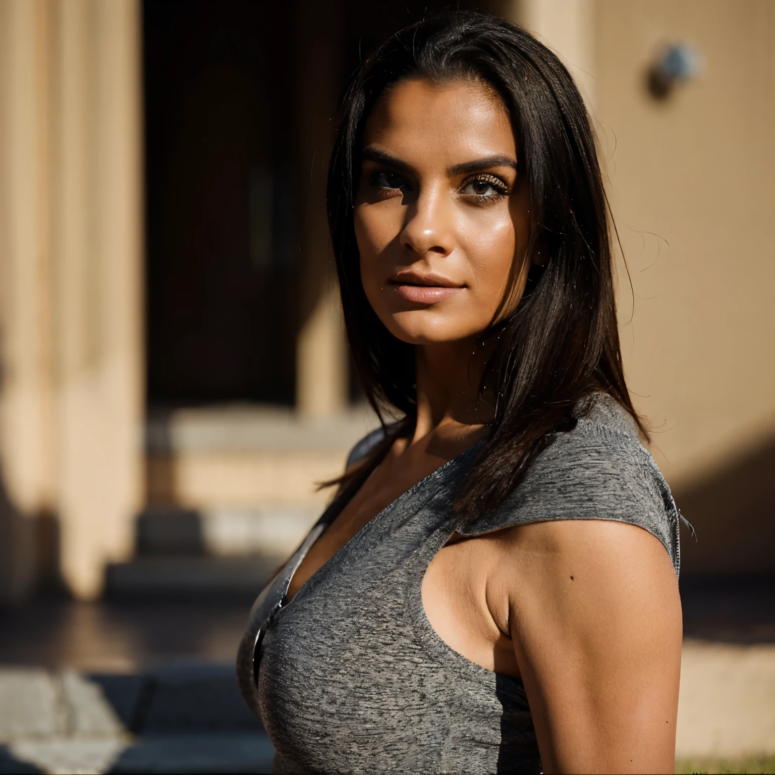 A close up of a woman in a gray top posing for a picture - SeaArt AI