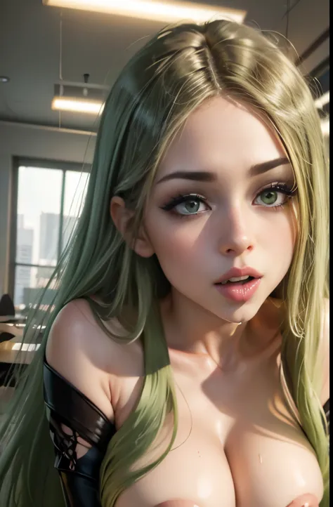 Green eyes. green long hair, beatiful face, cum in mouth, in office. Leakage from the genitals. ,Woman with mouth. BlowjobTopHeadPOVCironic Pose.