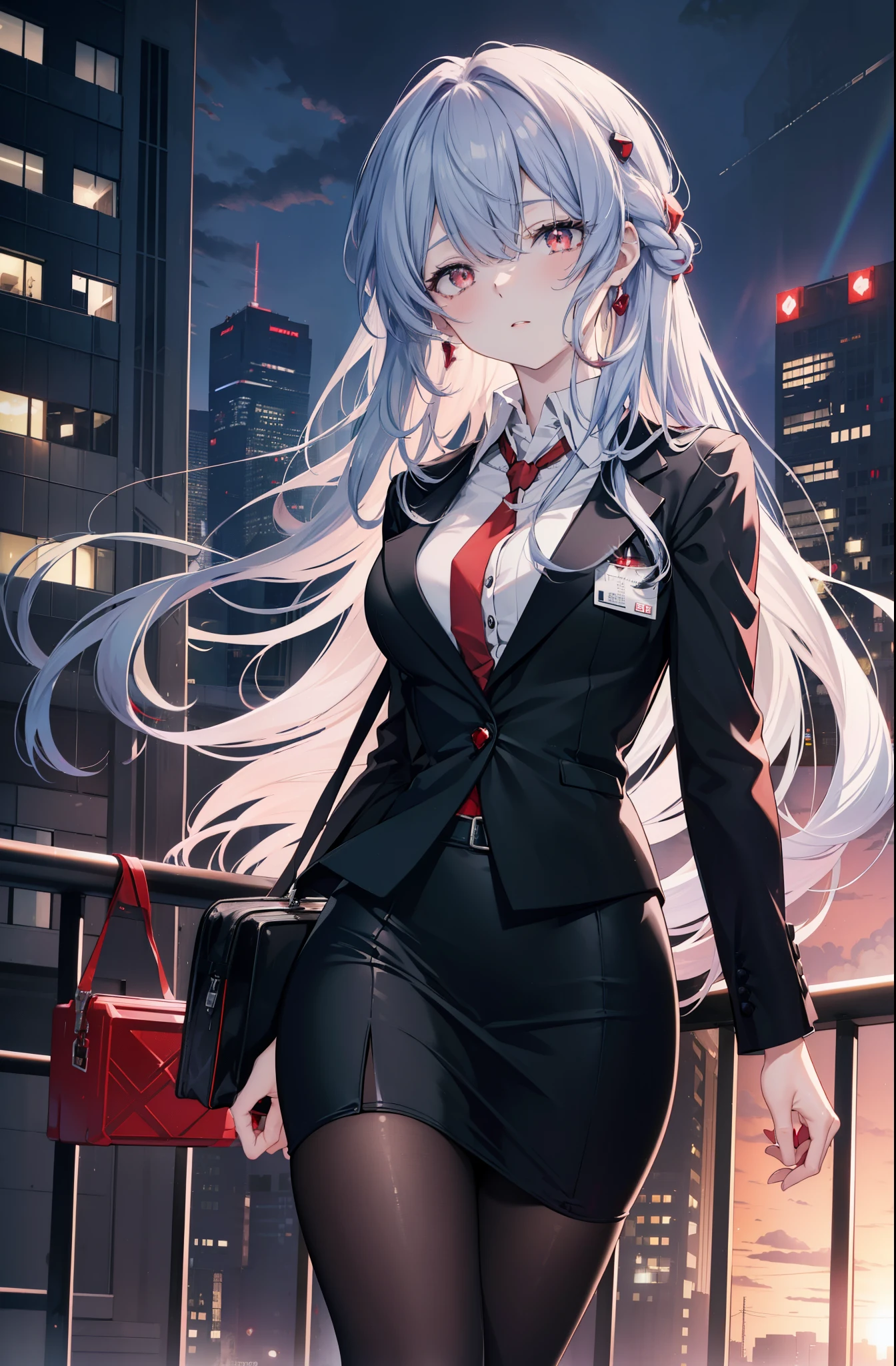 reiayanami, rei ayanami, blue hair, long hair, (red ruby eyes:1.5),blush,OL, end, black suit jacket, collared jacket, white dress shirt, collared shirt, neckline, button, strap, ID card on neck, black pencil skirt, black pantyhose,stiletto heels,business bag,evening,sunset,whole body,look away,embarrassing,blush,
break outdoors, city,Destroy the building area (masterpiece:1.2), highest quality, High resolution, unity 8k wallpaper, (figure:0.8), (detailed and beautiful eyes:1.6), highly detailed face, perfect lighting, Very detailed CG, (perfect hands, perfect anatomy),