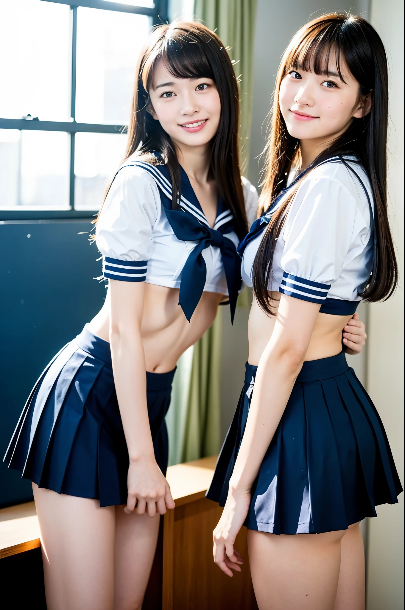 Two asian women in school uniforms posing for a picture - SeaArt AI