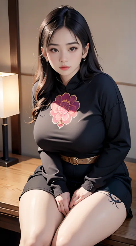 there is a woman sitting down with a longest brown hair, bbwchan, thicc, brown hijab outfit, brown hairstyle model, korean girl, korean woman, wearing brown robe, full length shot, alluring plus sized model, japanese goddess, clothed in hooded, voluptuous ...