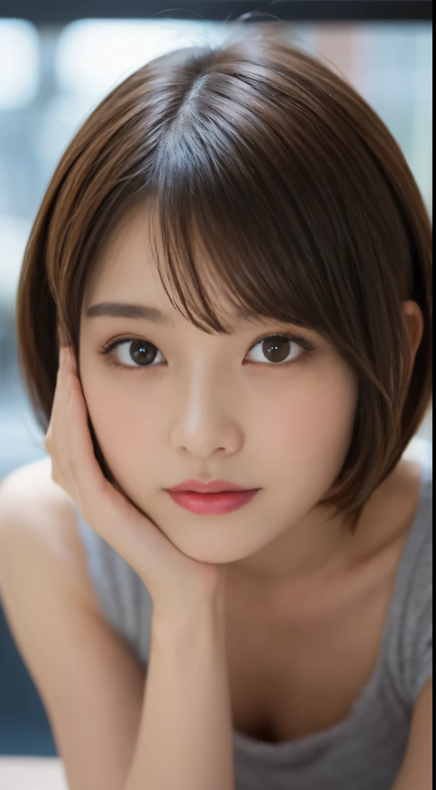 table top, highest quality, figure, super detailed, finely, High resolution, 8k wallpaper, 完璧なダイナミックな構figure, detailed and beautiful eyes , city, sexy face,A face feeling ecstasy,Face at the peak of sexual excitement,perfect and beautiful face,RAW photo,background blur,close up of your face,Gives a feminine impression、brown hair bob cut