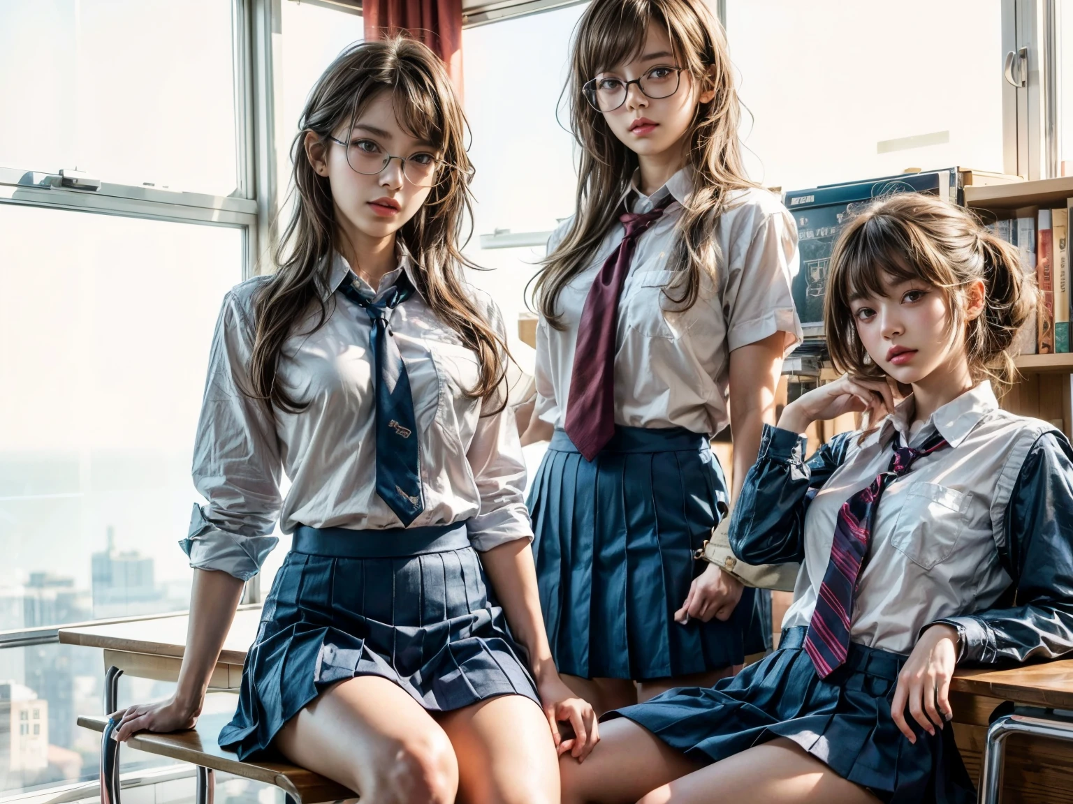 3 girls with medium hair wearing a school uniform and tie, beautiful a high school girls in (seifuku:1.3), a hyperrealistic school girls with huge sagging breast, high detailed official artwork, beautiful girls with slim body and slender posture, attractive girls sitting on the table with crossed legs in the classroom, marin kitagawa fanart, realistic , smooth photorealistic, perfect visual of a cute girls wearing stylish glasses, cute girls with skinice soft face, makoto shinkai and artgerm, photon mapping, natural light, vivid tones colors, playful ambient