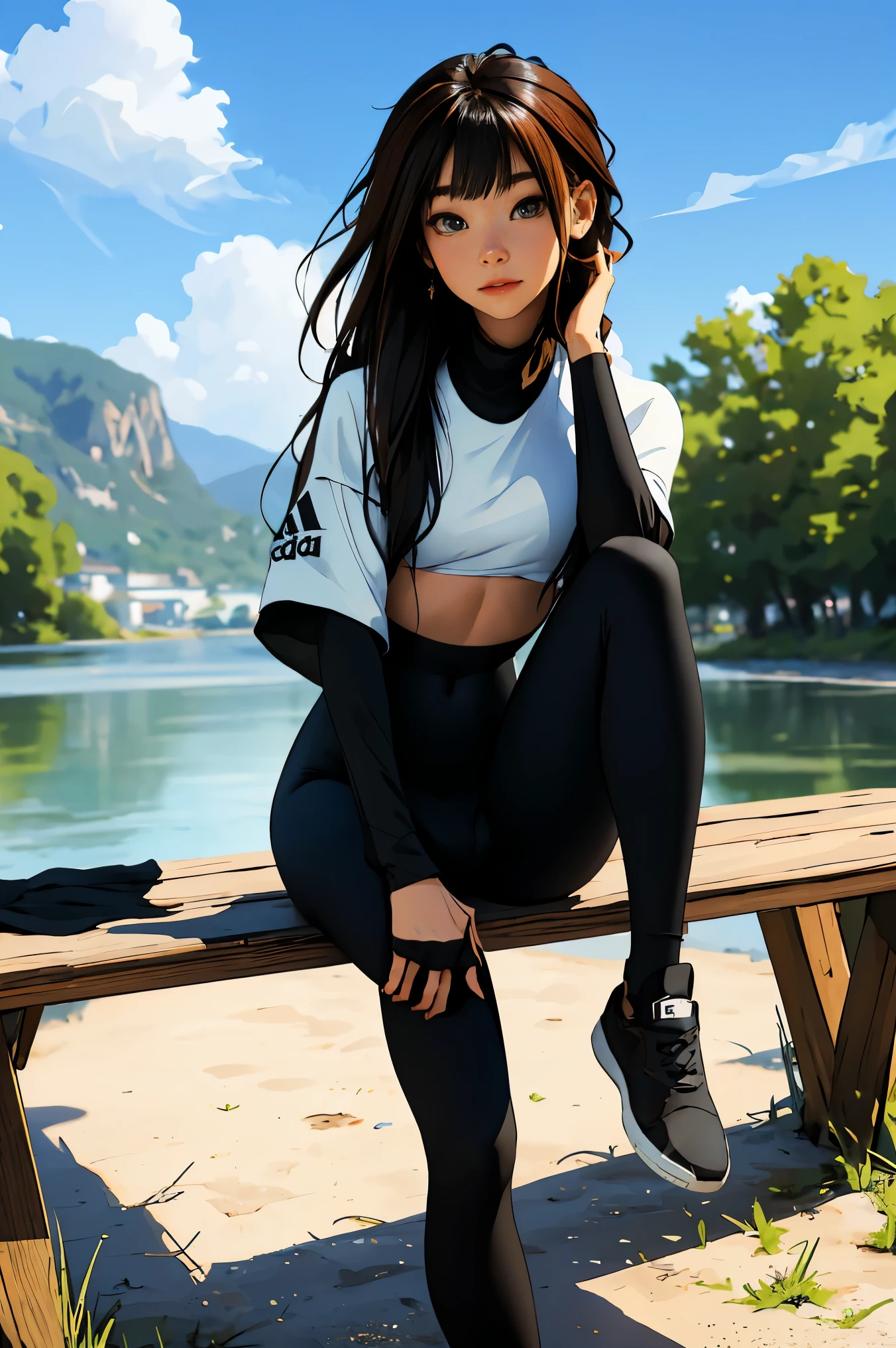 An anime girl sitting on a bench overlooking a lake and drinking at a cafe, Realistic Cute Girl Illustration, anime girl drinks energy drink, with a drink, beautiful picture style, realistic art style, Realistic anime art style, holding a drink, Realistic anime art style, Ilya Kuvshinov with long hair, in anime style, mysterious coffee shop girl(masterpiece:1.4), (best quality:1.4),front,Woman wearing tight black leggings and neon white bra top, Two-piece tracksuit, be good at sports ,On the right is the Adidas logo.,vivid colors, soft focus, light leaks, dreamy atmosphere, experimental charm, Retro charm break color field painting, various colors, abstract expressionism, Bold colors, emotional impact, atmospheric depth, MINIMALIST APPROACH BREAK, Beautiful woman, UHD (ultra detail) viewers who see it.., Other, fancy, Long hair dyed brown tied back 🌈, leggings clothing, White stardust in dark areas, absurd, high resolution, very detailed, (1 woman : ), vivid colors, soft focus, light leaks,