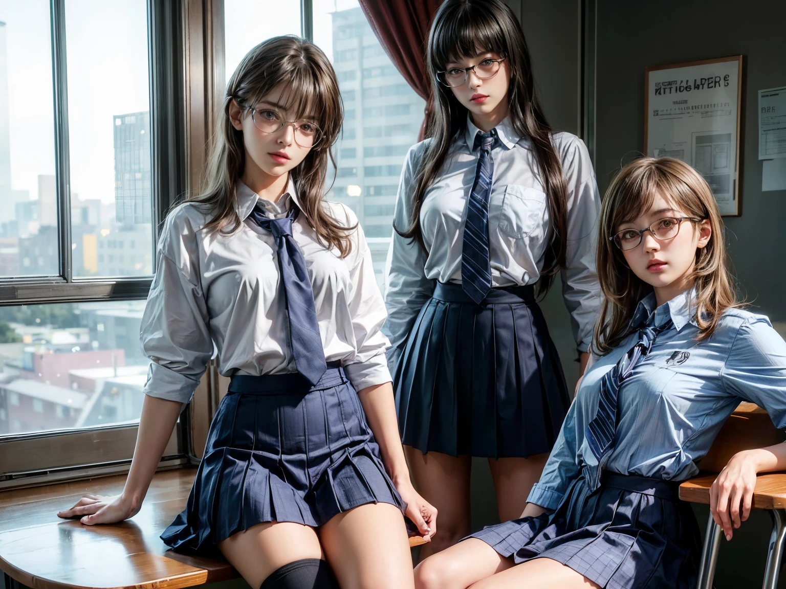 3 girls with medium hair wearing a school uniform and tie, beautiful a high school girls in (seifuku:1.3), a hyperrealistic school girls with huge sagging breast, high detailed official artwork, beautiful girls with slim body and slender posture, attractive girls sitting on the table with crossed legs in the classroom, marin kitagawa fanart, realistic , smooth photorealistic, perfect visual of a cute girls wearing stylish glasses, cute girls with skinice soft face, makoto shinkai and artgerm, photon mapping, natural light, vivid tones colors, playful ambient