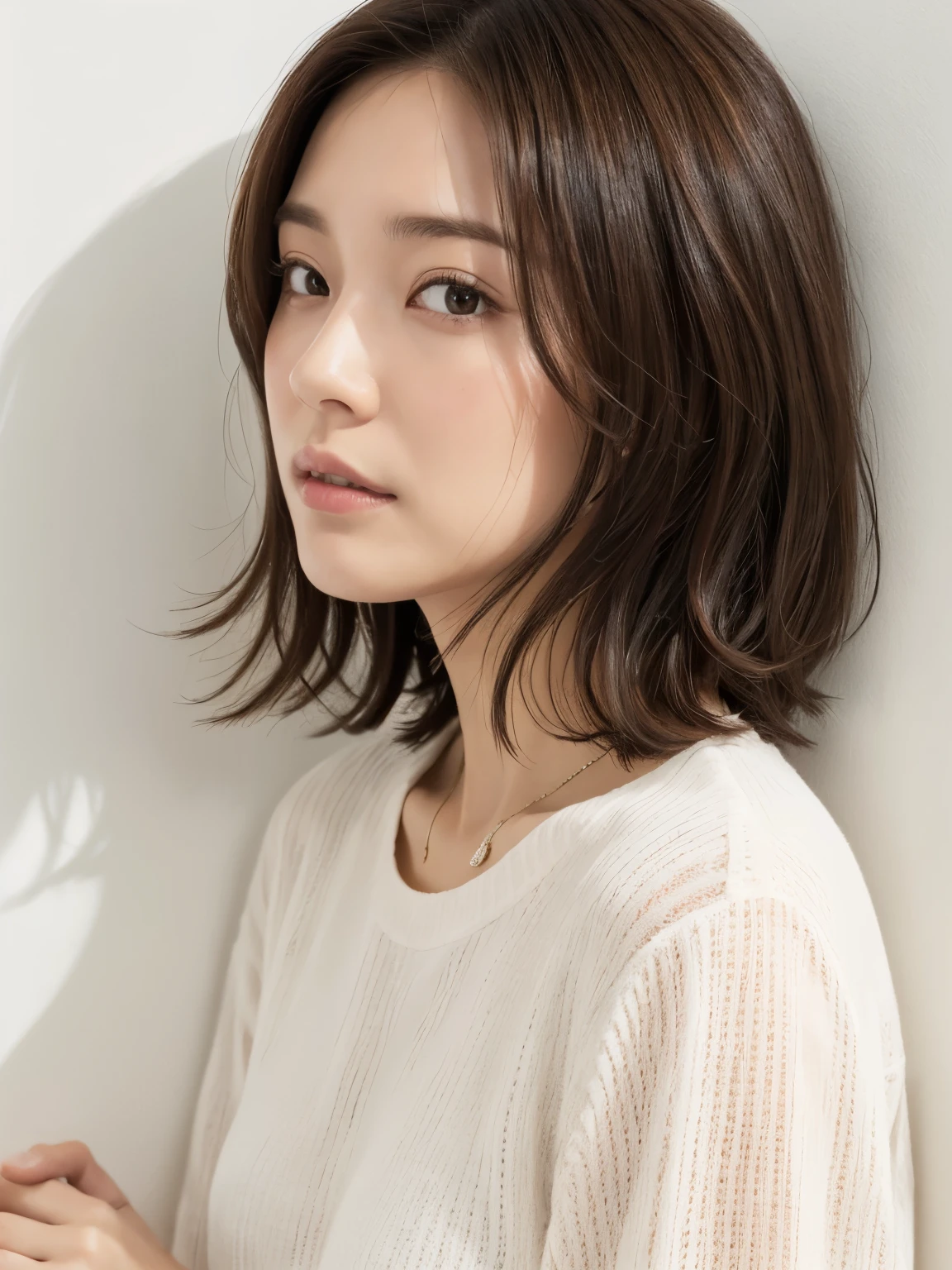 (Highly realistic photos, High resolution, detailed face, fine eyes), ((Taken in front of a white wall))、japanese woman, 40 years old, various expressions, alone:1, slim figure, different hairstyles, casual clothes, Only one person appears in the photo、long sleeve dress、Photographed in natural light、simple necklace、spring clothes、don&#39;t look at the camera、profile、dark brown hair color、bob hair、hands are down