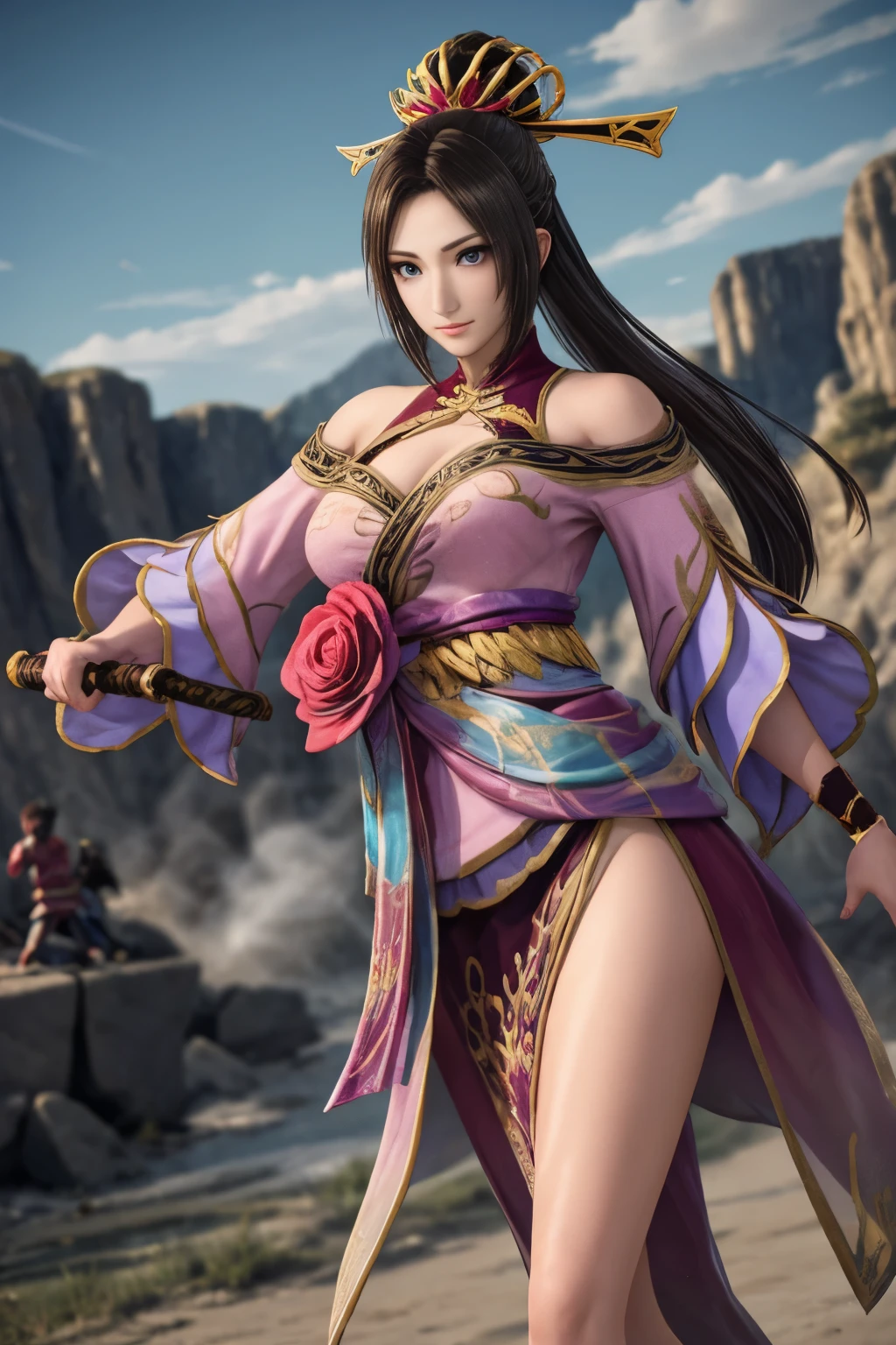 Diaochan from Sangoku Musou 8,Fighting soldiers,Diaochan and the soldiers,surrounded by soldierasterpiece,fine eyes、puffy eyes,battlefield、highest quality, 超High resolution, (reality: 1.4), movie lighting、(超reality的な)、(High resolution)、(8K)、(very detailed)、(美しくfine eyes)、(Super detailed)、detailed face、lots of soldiers,fierce battle