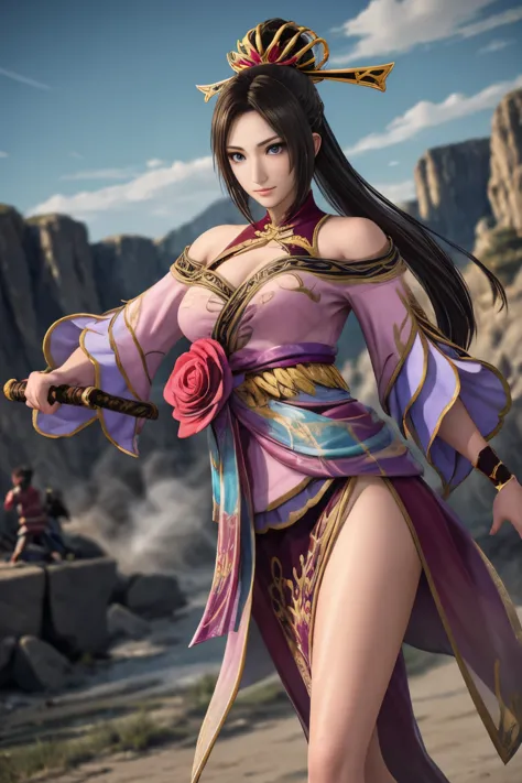 Diaochan from Sangoku Musou 8,Fighting soldiers,Diaochan and the soldiers,surrounded by soldiers、masterpiece,fine eyes、puffy eye...