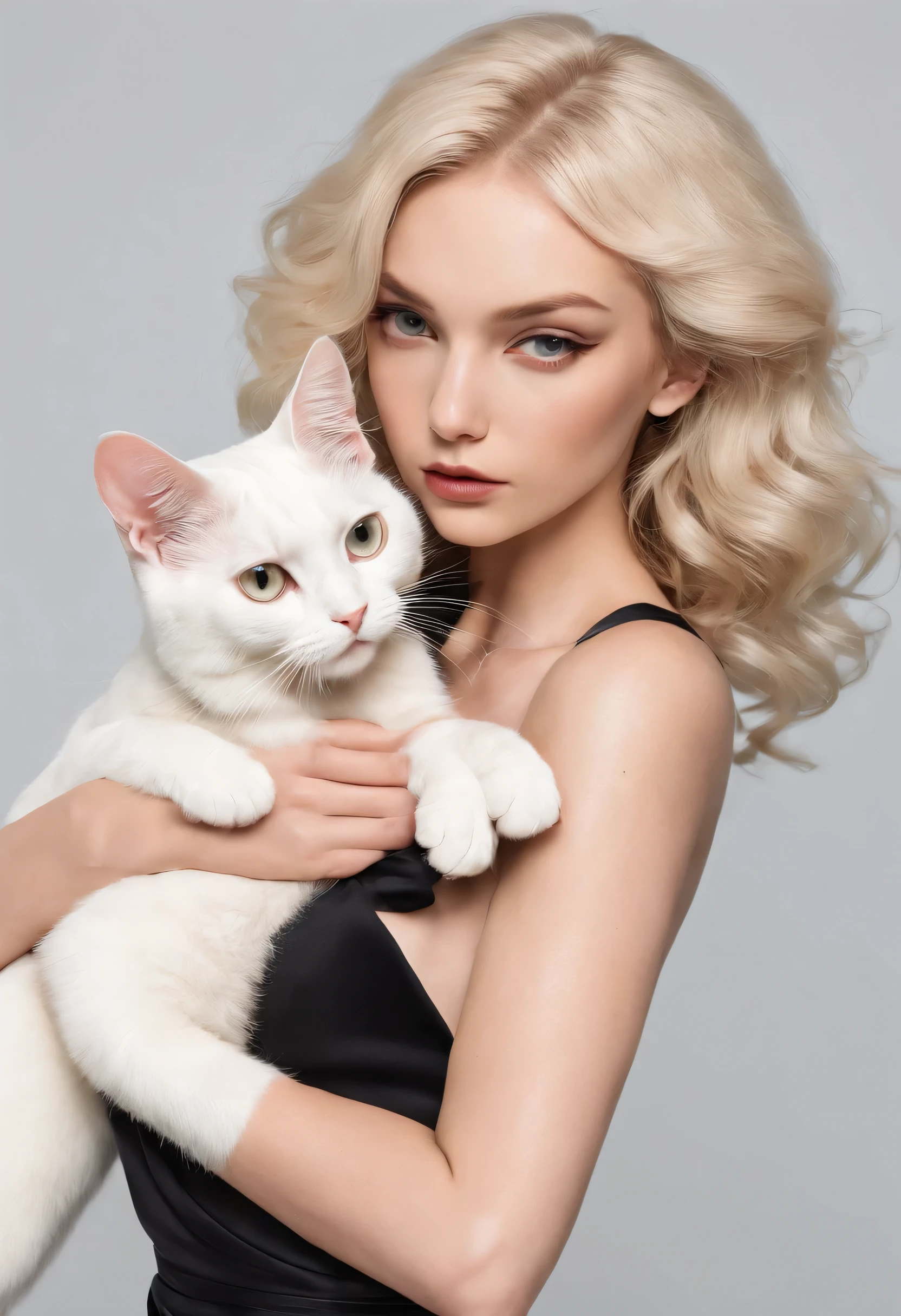 blonde, curls, black skirt, white cat in arms, hot body，Half body photo