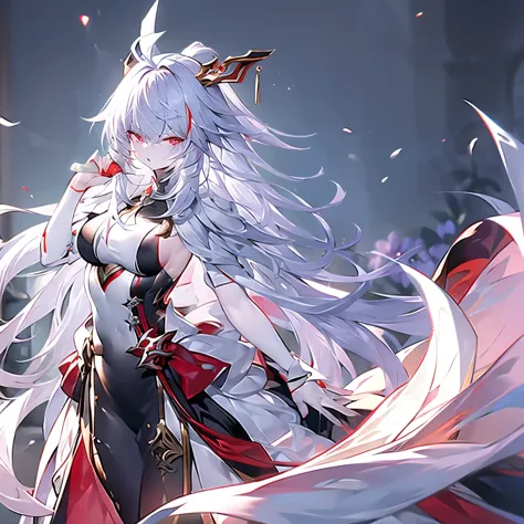 long white hair，White skin，red eyes，The slender hand holds the black Tang Hengdao，standing，The knife is slightly positioned at the side of the body