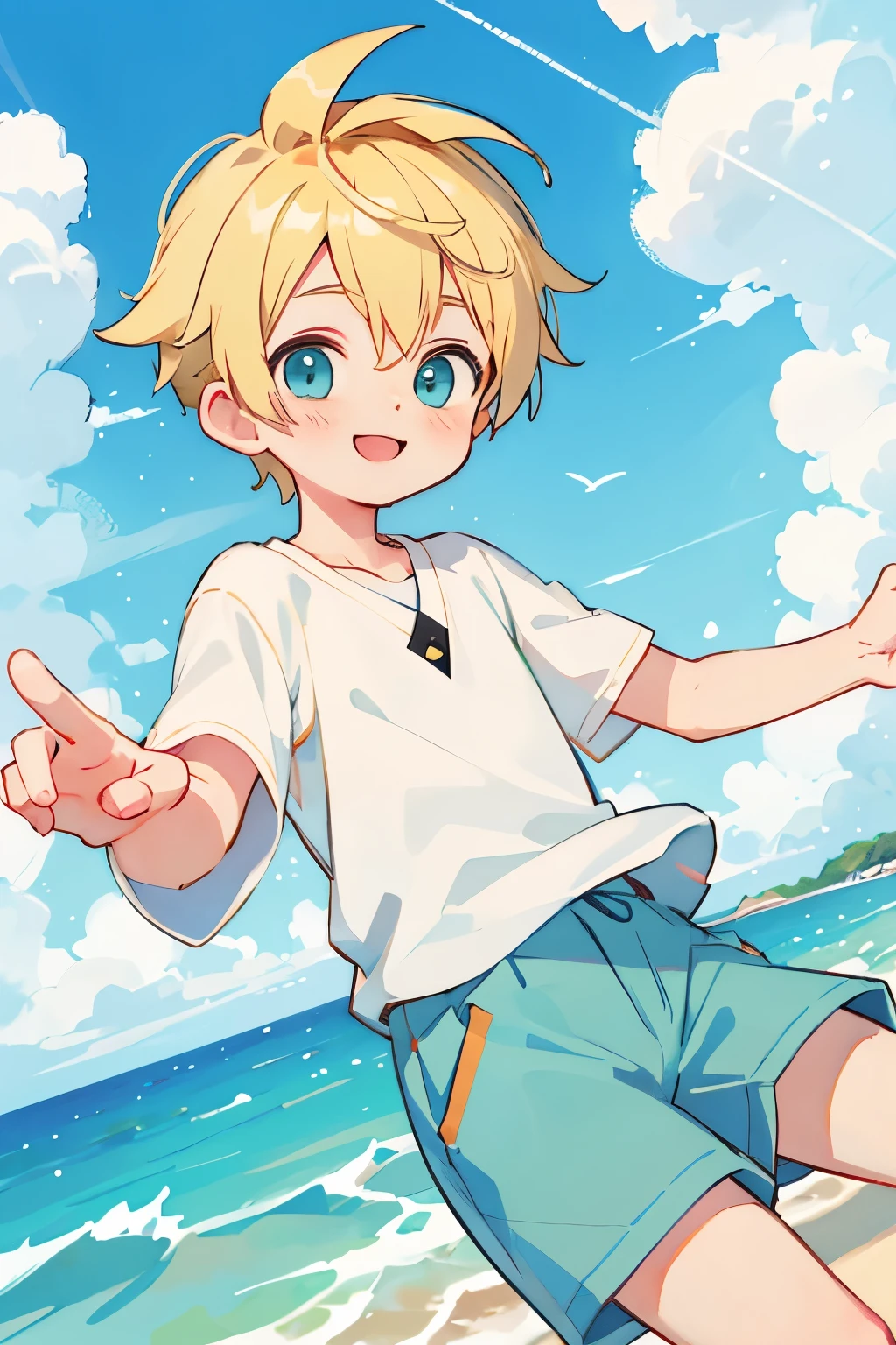 Anime boy with blonde hair and blue shorts on the beach - SeaArt AI