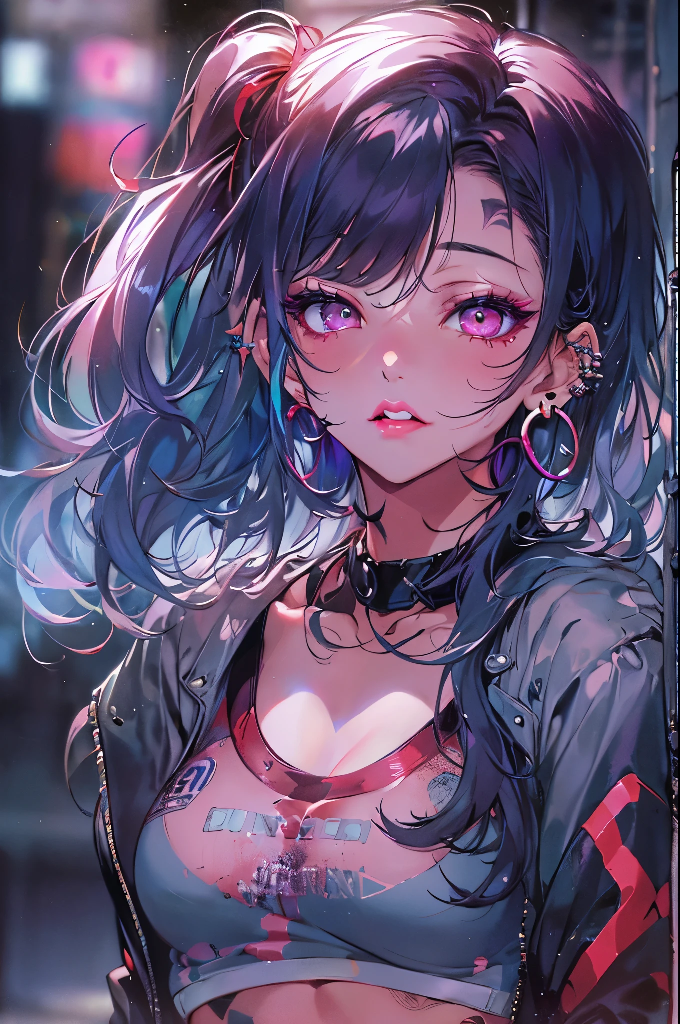 hair above one eye, purple eyes, clear eyes, choker, neon shirt, torn legwear, open jacket, towards the wall, brick wall, graffiti, shining grafiti, shineing tattoos, shine, neon light, Black light,anime style, movie portrait photography, 1 female, 22 years ago, Full body Esbian,big and full breasts, anger, (scarlet hair), long hair, purple eyes, wearing a short black dress, (natural skin texture vivid details, surreal, (realistic detailed eyes, natural skin texture, realistic facial details), soft and dramatic lighting, Depth of written boundary, bokeh, vivid details, surreal, 35mm movie, hazy blur, movie,lipstick, ear piercing, eye shadow, hoop earrings, red pink lips, multicolored red eyes, purple theme,,Wear an iridescent aura,beautiful eyes,bold pose、decide on a pose,upper ponytail,hanging bangs,droopy eyes