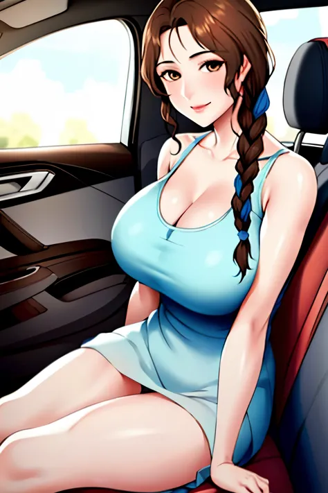 (8k, RAW photo, best quality, masterpiece:1.2),
1girl,solo,mature female,brown hair,single braid,large breasts, cleavage,sitting,smile,leaning forward, 
sitting in the car,
looking at viewer,
 