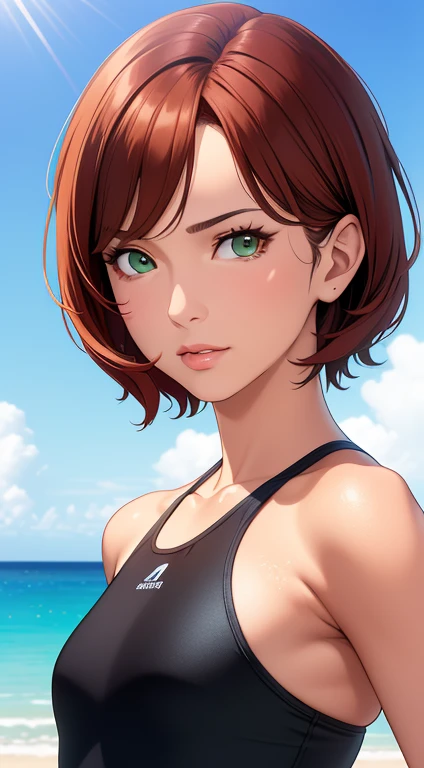 (face very detailed, full hd, 4K, photorealistic), only face of A 25 yeras old woman, of average height, very small lungs, very tanned skin, short red hair, green eyes, she is wearing a black one piece swimsuit