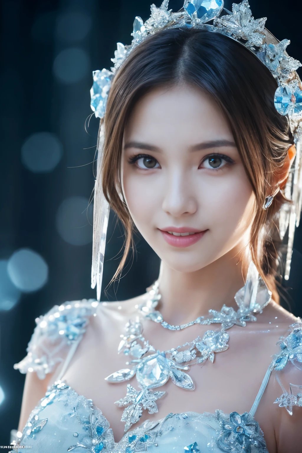 ((table top:1.4, highest quality)), (realistic pictures:1.4), 
((1 girl)), 
(超High resolution:1.2), very delicate and beautiful, wonderful, 
Highly detailed CG Unity 8k wallpaper, Super detailed, High resolution, soft light, 
beautiful detailed girl, highly detailed eyes and face, beautifully detailed nose, beautiful and detailed eyes, 
(wearing a dressed up costume:1.4),
cinematic lighting, perfect anatomy, slender body, thin chest,
(ice castle guest room, Ice Room, ice furniture, ice chandelier, lit up in the dark:1.3), (A fantastic world of ice and light, transparency of ice, The aesthetics of light refracting through ice:1.3), (A world of inorganic beauty where everything is covered in icicles and frozen.:1.3), Beautiful,
cowboy shot, looking at the viewer, smile
