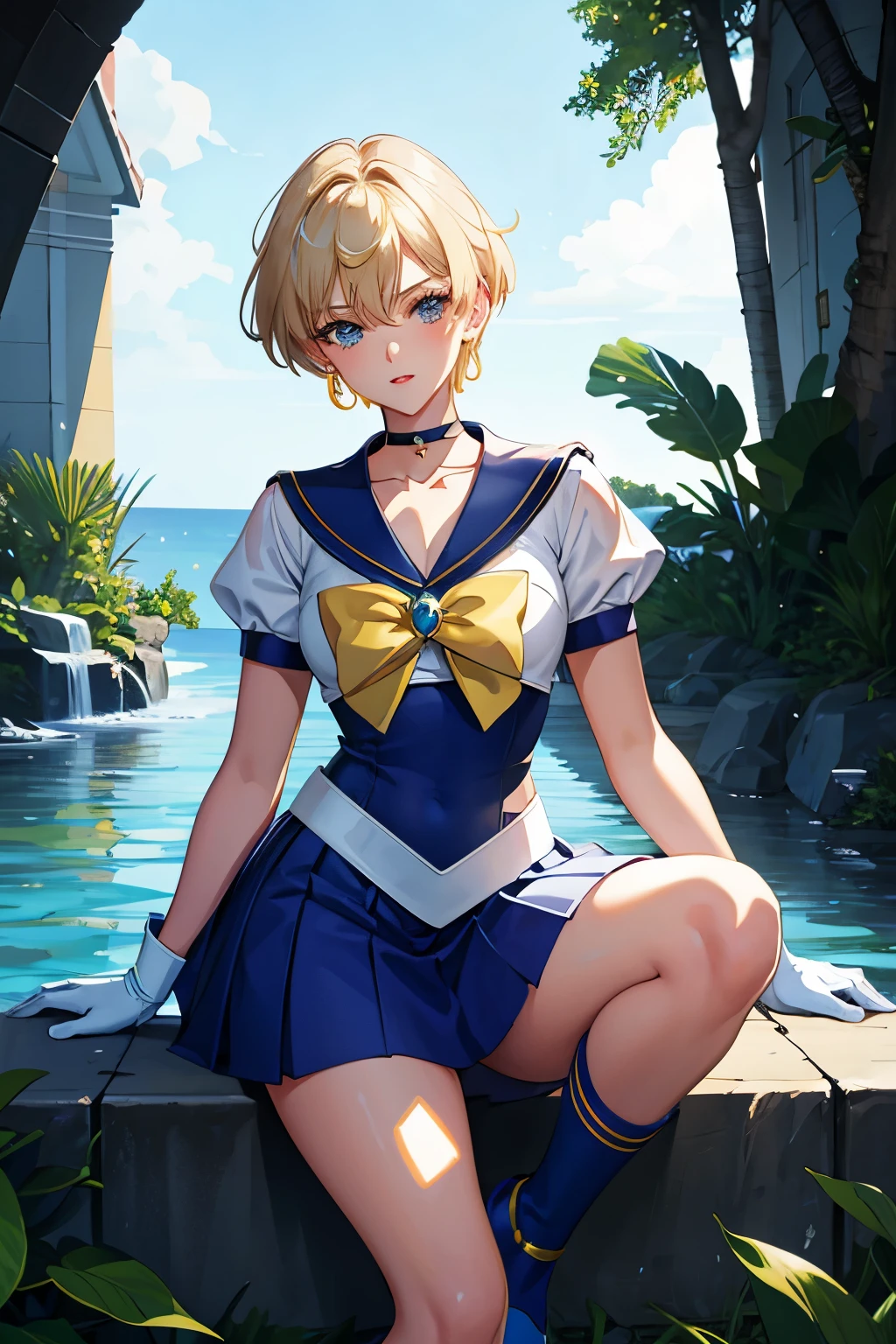 Sailor Uranus,1girl,blonde hair,blue choker,blue footwear,blue sailor collar,blue skirt,boots,choker,circlet,earrings,gloves,jewelry,magical girl,plant,sailor collar,sailor mercury,sailor senshi uniform,sailor uranus,short hair,skirt,solo,star choker,tiara,very short hair,white gloves,yellow bow