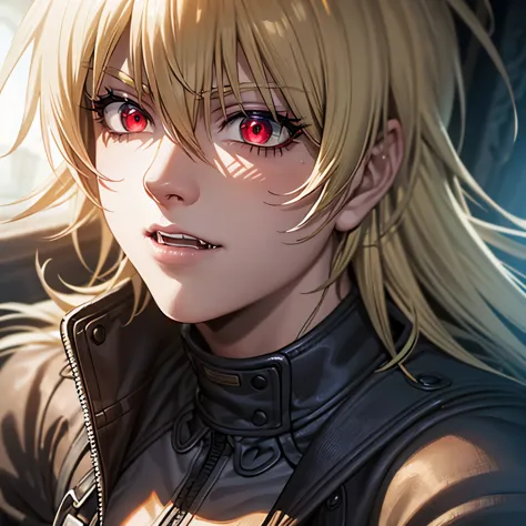 Seras Victoria,detailed face,vampire,handsome face,vampire fangs,red eyes,intense stare,smooth skin,pale complexion,flowing hair...